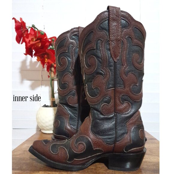 Women's Leather Tooled Snip Toe Brown Black J.B Dillon Cowboy Boots sz 7.5B - Picture 12 of 13